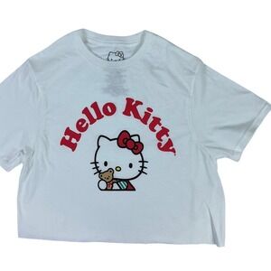 Hello Kitty T-Shirt Crop Top‎ Graphic Tee White Red XS Sanrio